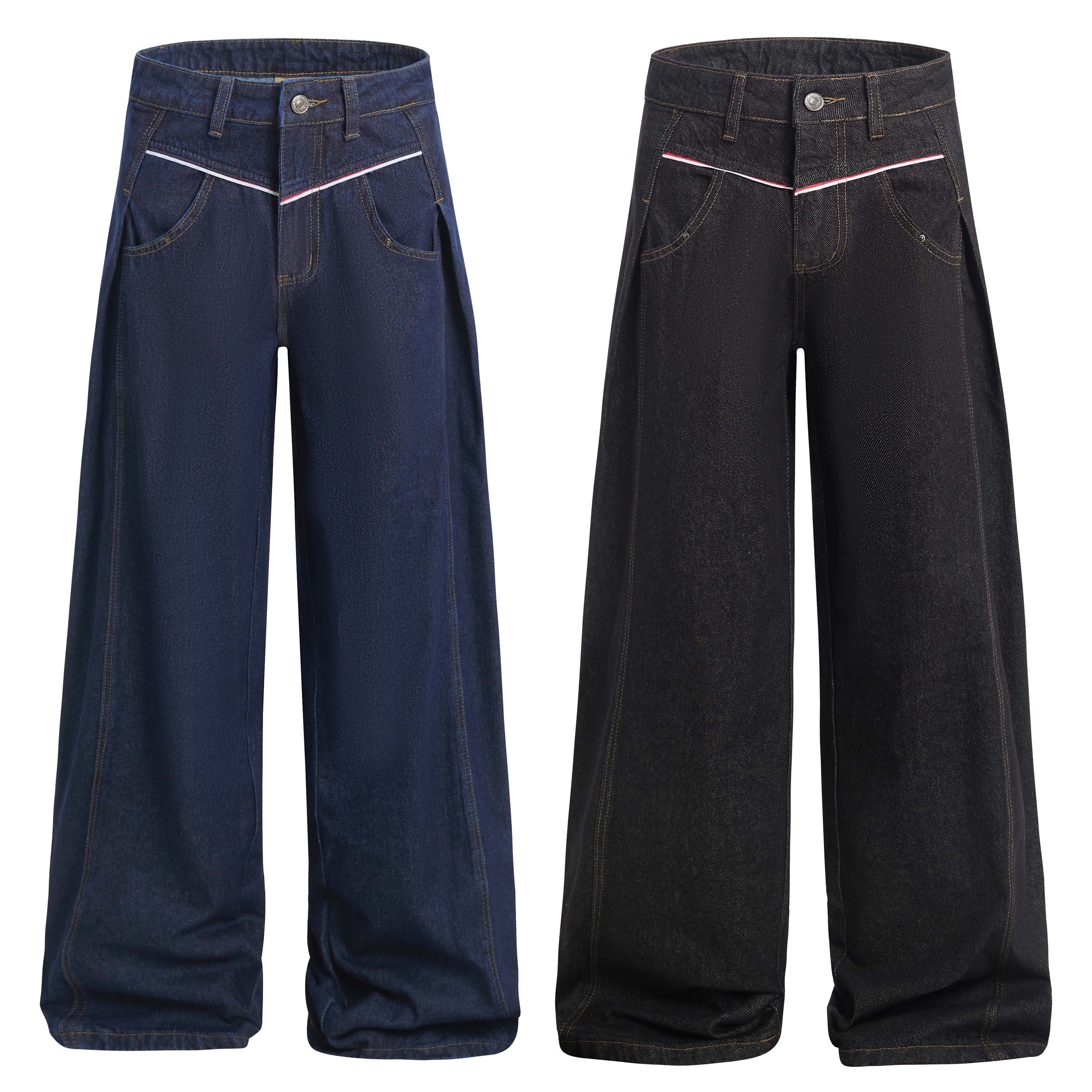 Omirad contrast piping wide-leg jeans shown flat in indigo blue and black denim, front view