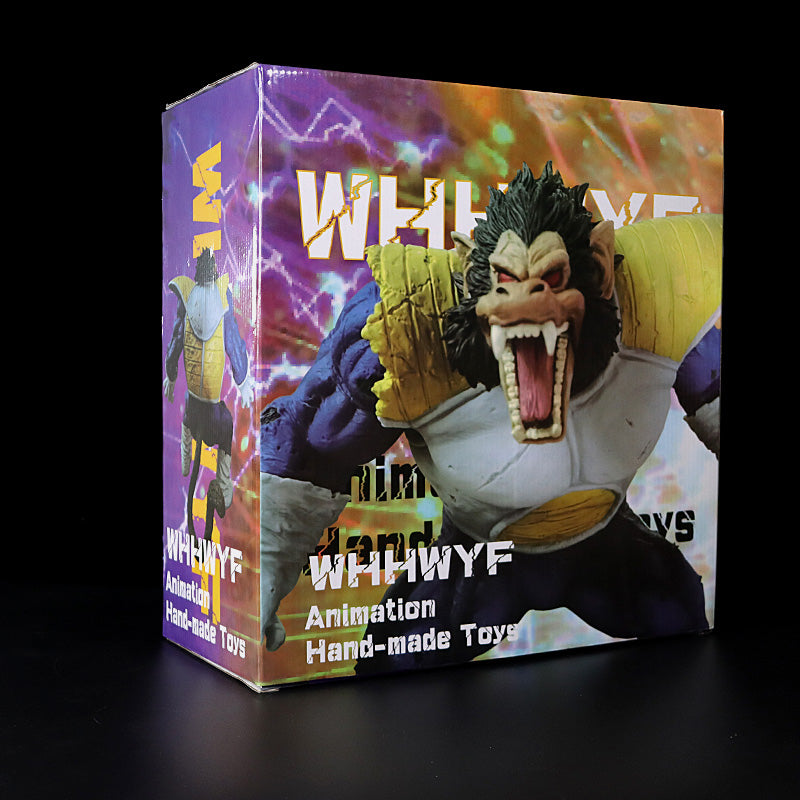 Box featuring a 36cm Great Ape Vegeta figure, showcasing an armored, roaring beast. The packaging displays &quot;WHHWYF Animation Hand-made Toys&quot; and an electrifying DBZ backdrop. A must-have Seakoff collectible for anime enthusiasts!.