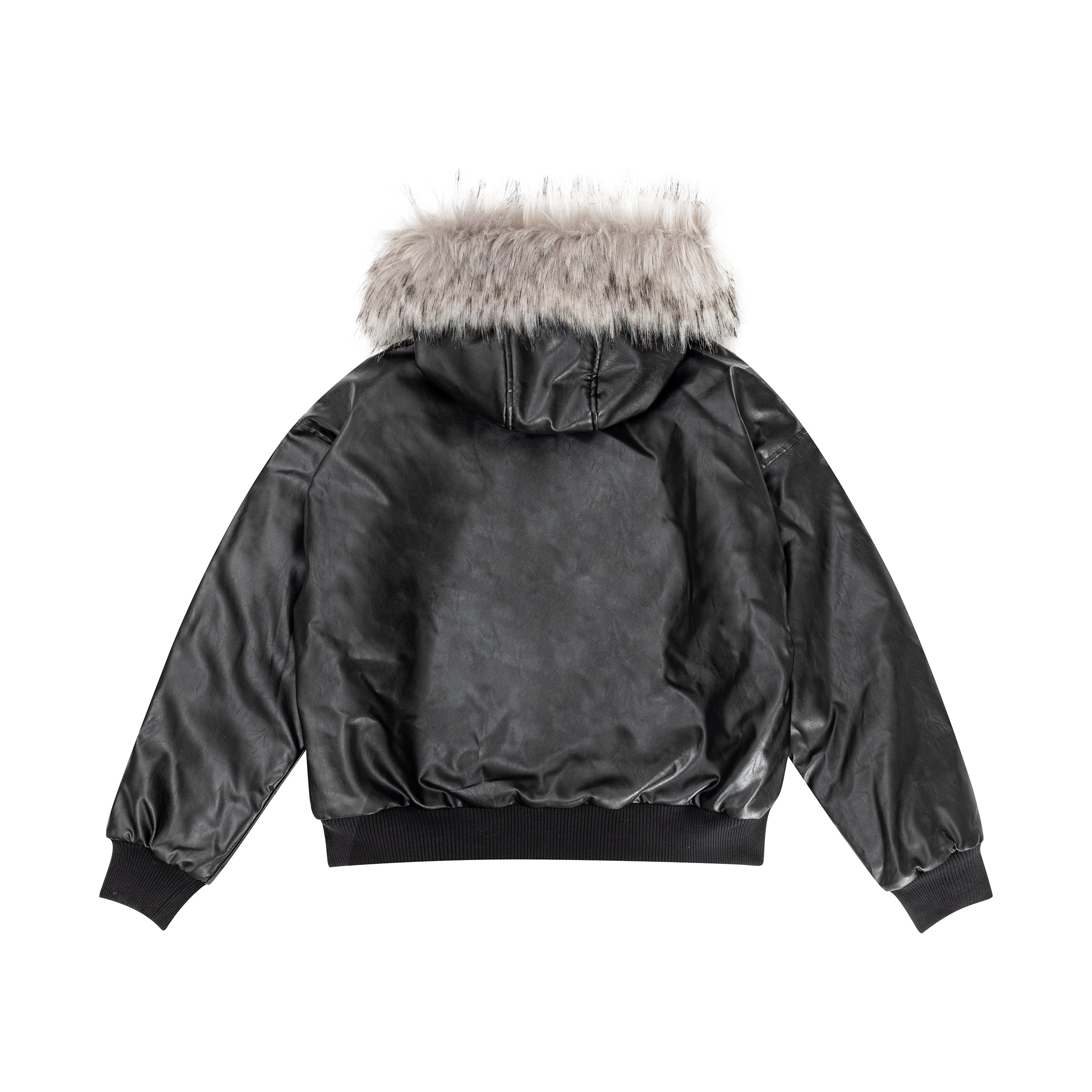 Faux Leather Fur-Trimmed Hooded Bomber Jacket | Omirad
