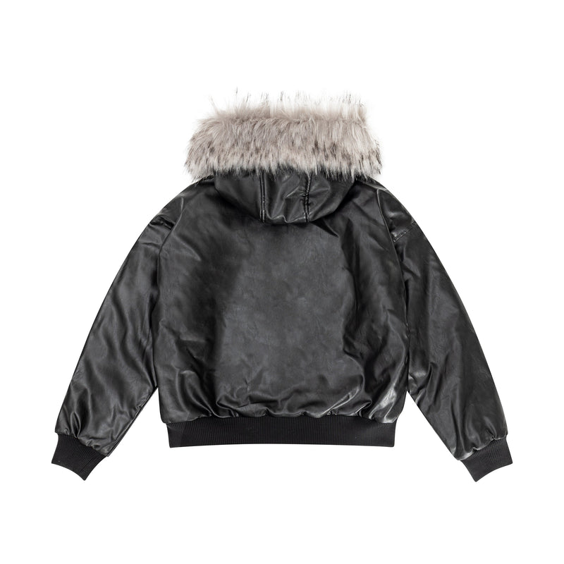Faux Leather Fur-Trimmed Hooded Bomber Jacket | Omirad