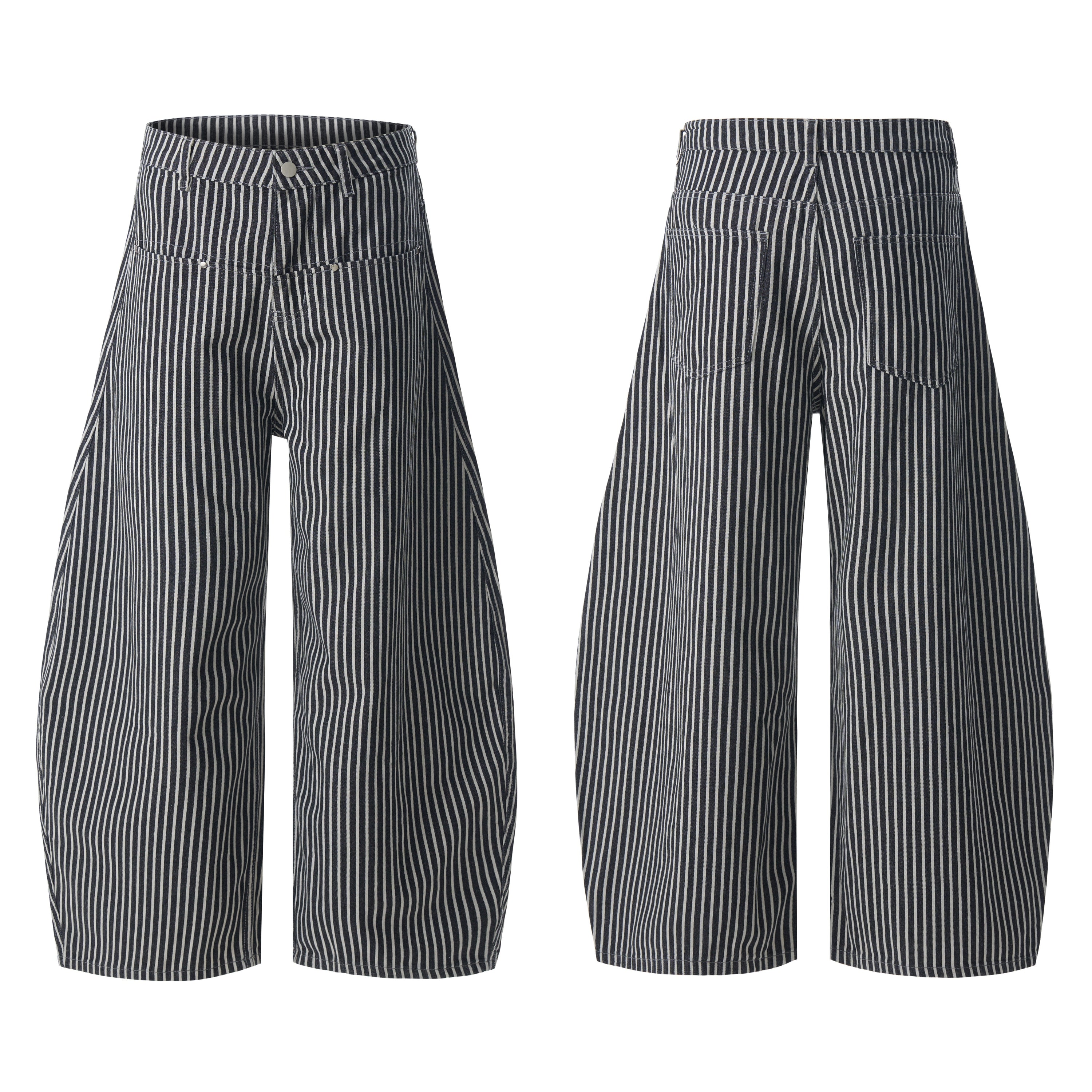 Front and back view of navy and white vertical striped wide barrel jeans with high rise waistband and curved panel seams