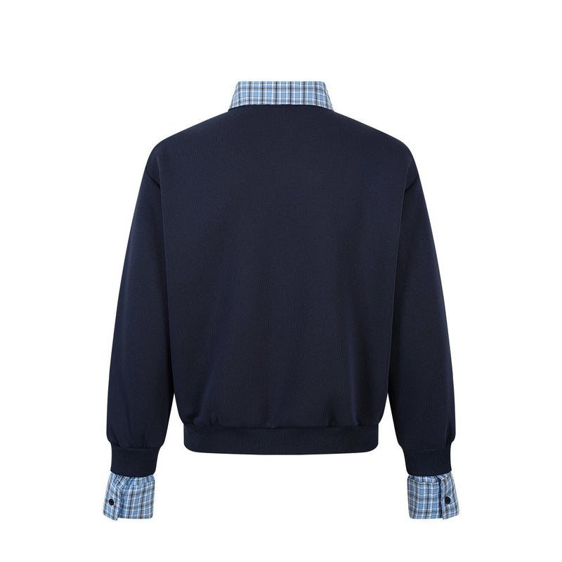Back view of navy pullover with blue plaid collar and cuff details