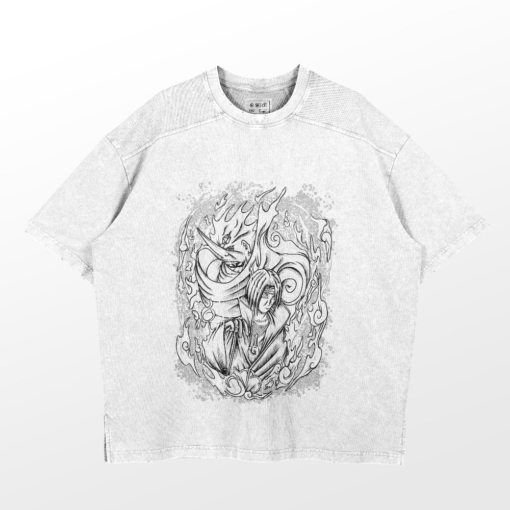 The Naruto Itachi Uchiha Mangekyou Sharingan Washed Vintage T-Shirt features a detailed black and white illustration of a person in armor with swirling flames, inspired by Naruto&