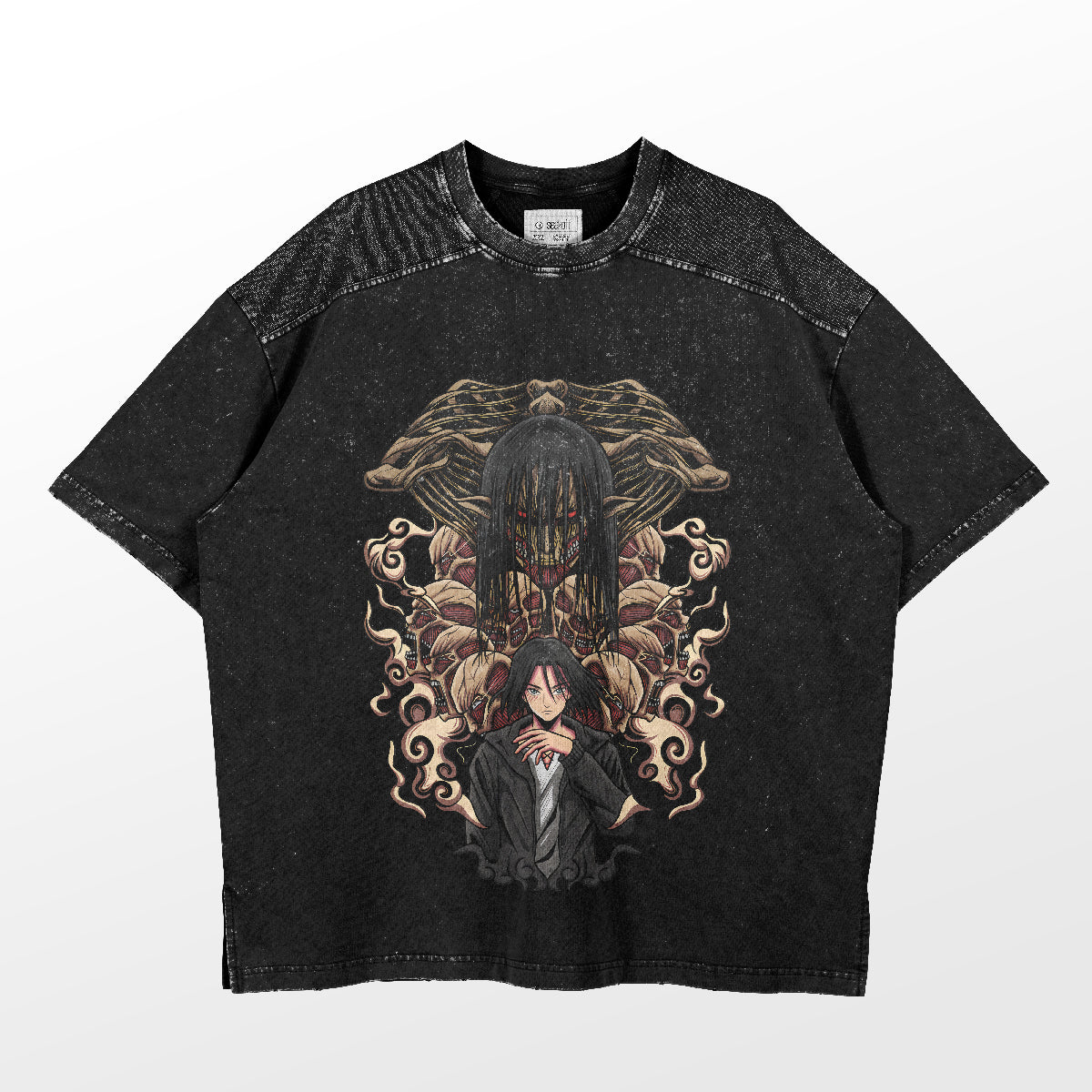 The Epic Eren Yeager and Founding Titan Attack on Titan T-shirt by Attack on Titan features a striking graphic of an anime character with long dark hair and red eyes, Eren in a suit, and a vibrant background of patterns and geometric shapes echoing the Founding Titan&