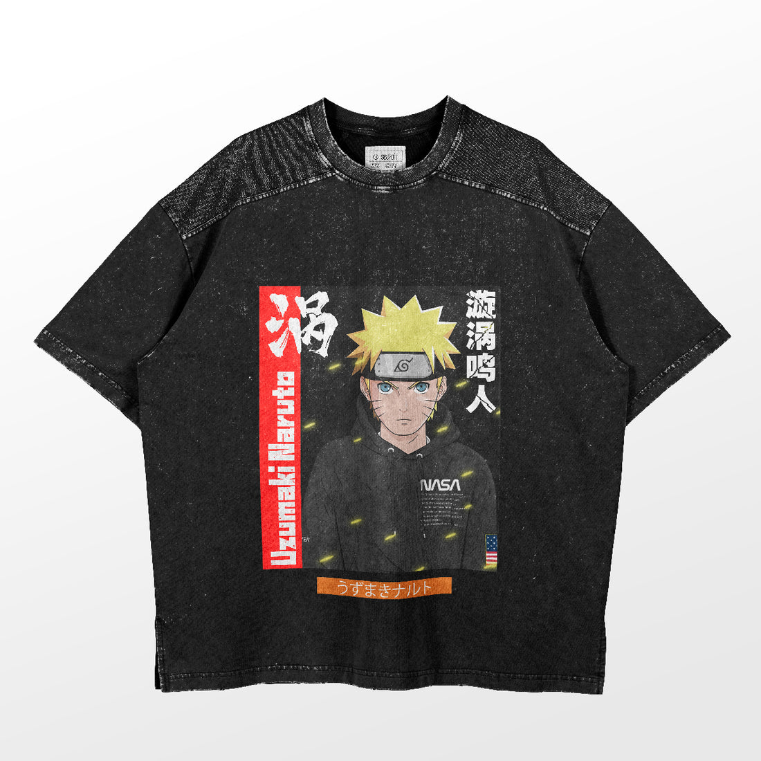 The Naruto Uzumaki NASA Design T-Shirt features a character with blond spiky hair, headband, and black outfit. This premium anime apparel blends Naruto&