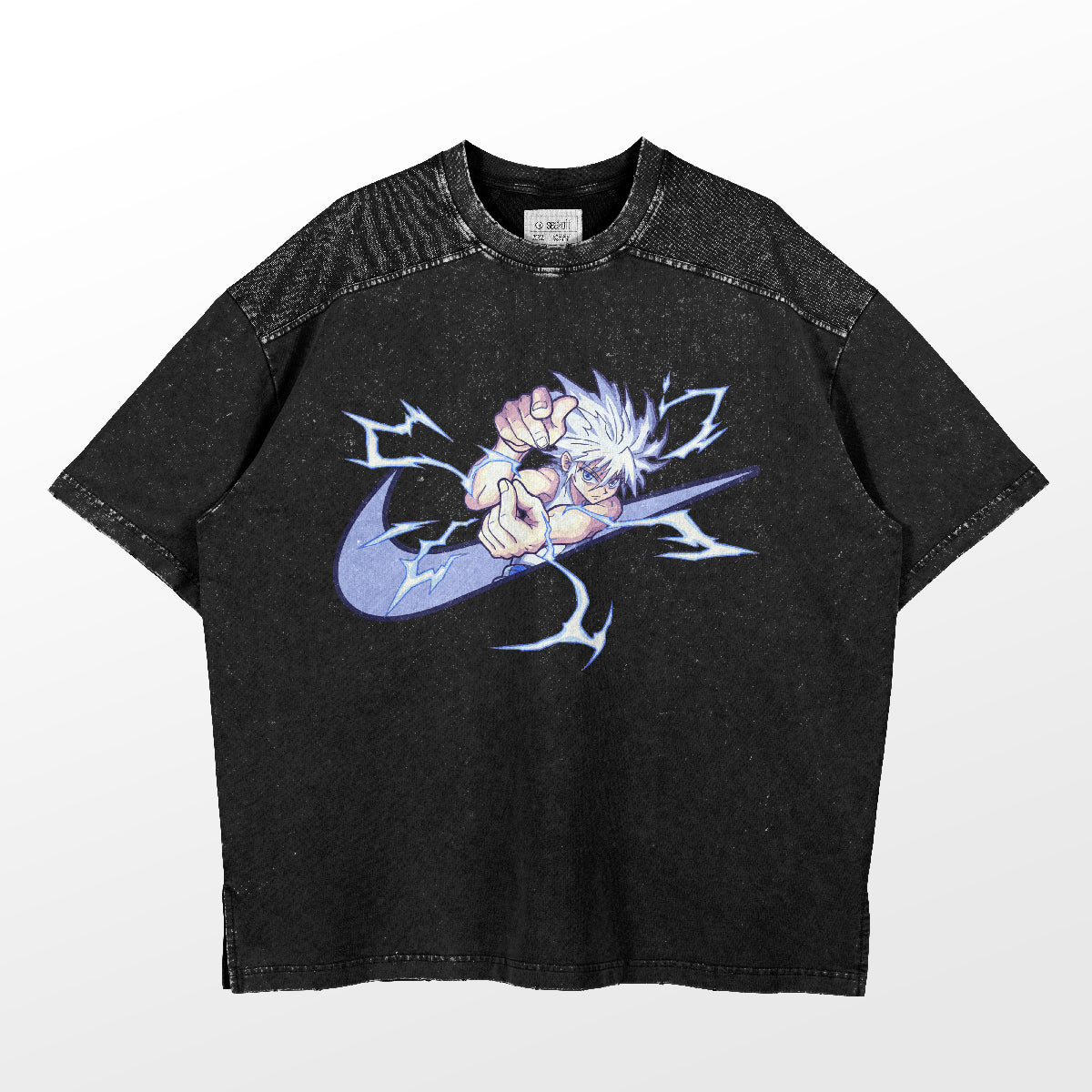 The Hunter × Hunter Killua Zoldyck Lightning Strike Graphic T-Shirt showcases Killua's iconic silver hair and blue energy aura as he forms a fist. With a slightly speckled design, this casual, relaxed-fit black tee is perfect for series fans.