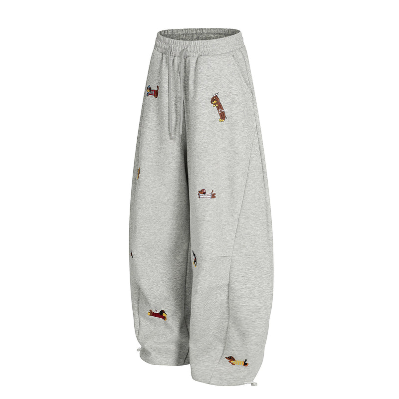 Embroidered Dog Motif Wide-Leg Sweatpants | Omirad