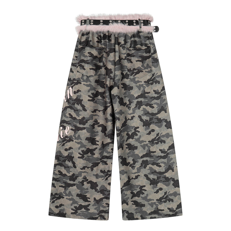 Camo Wide-Leg Pants with Pink Faux Fur Trim & Studded Belt