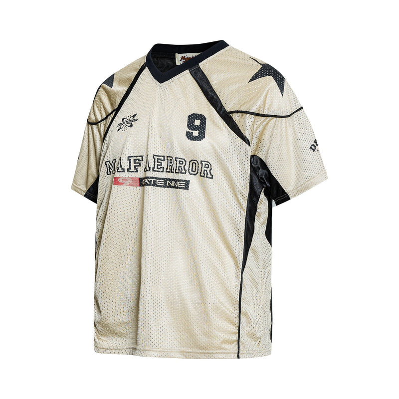 Cream mesh jersey with black trim, number 9, and Mafaerror streetwear graphics on the front