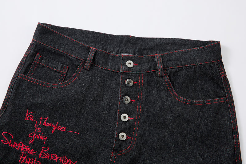 Omirad Red Stitch Embroidered Wide-Leg Jeans | 100% Cotton