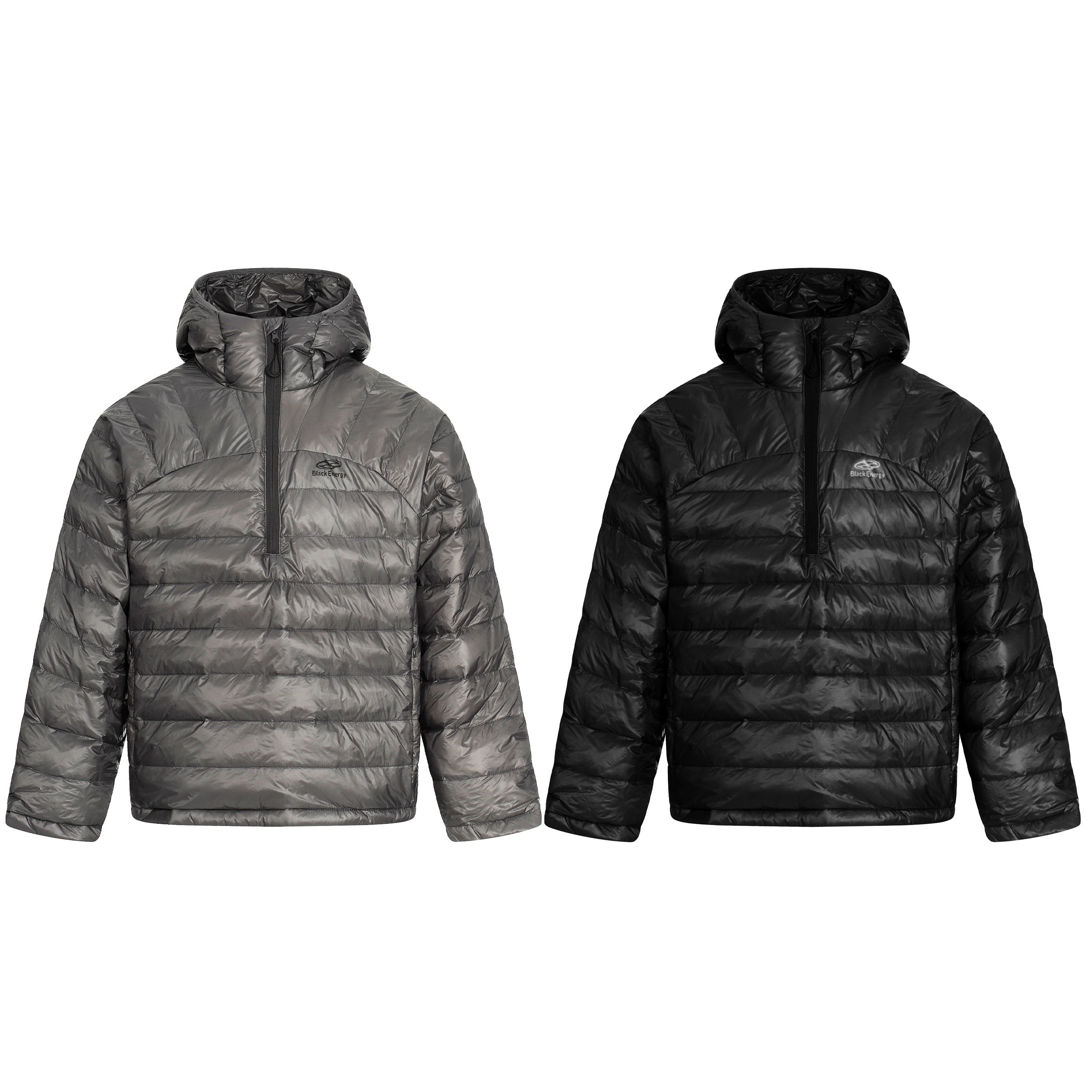 Omirad lightweight nylon puffer pullover jacket in charcoal grey and black, front view with adjustable hood and half-zip
