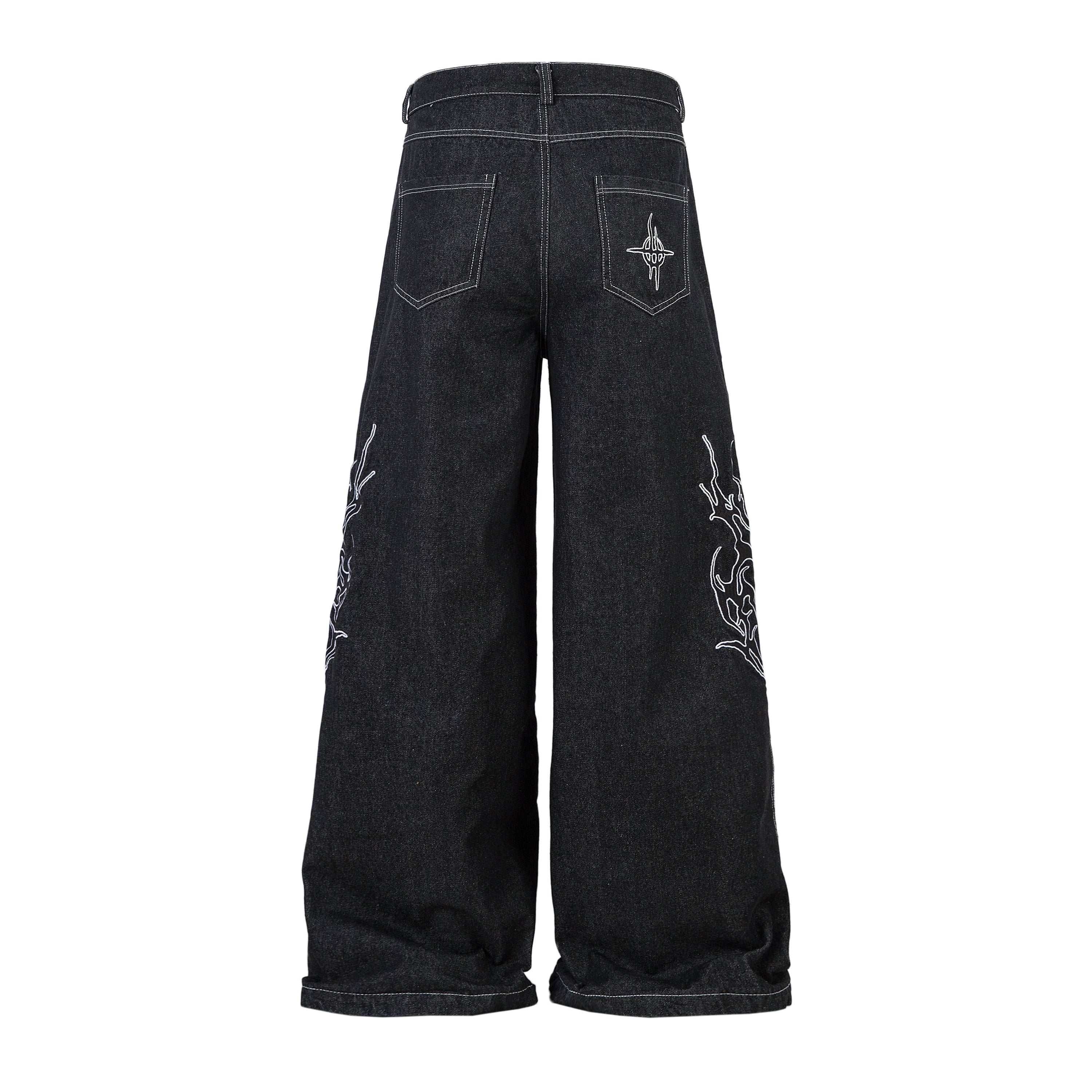 Tribal Wide-Leg Black Denim Jeans | Streetwear Baggy Fit