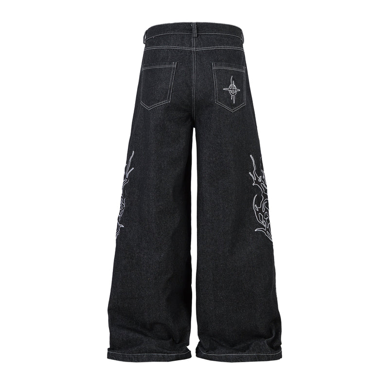 Tribal Wide-Leg Black Denim Jeans | Streetwear Baggy Fit