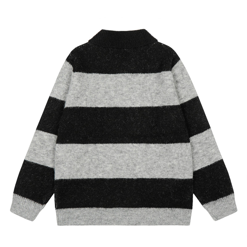 Black and gray striped knit polo sweater, back view