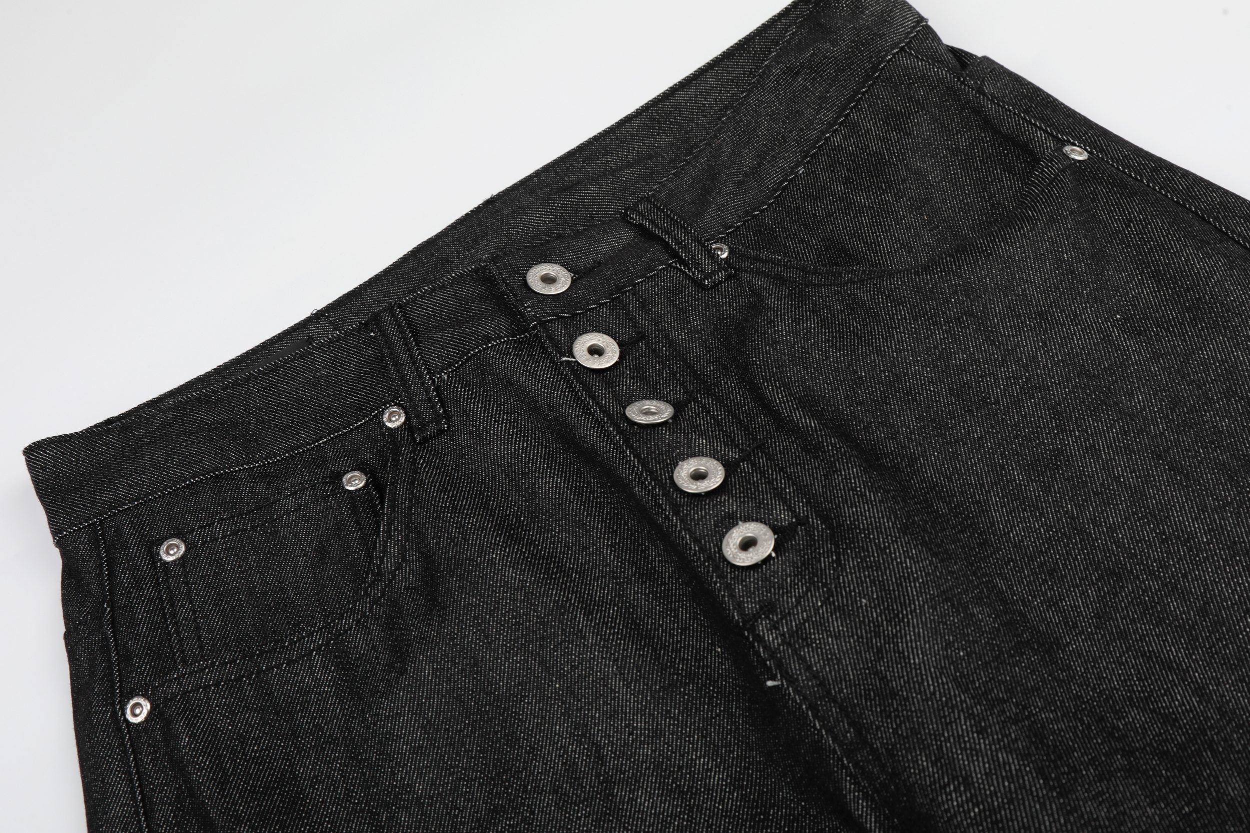 Black Raw Denim Wide Leg Jeans | Button Fly | Omirad