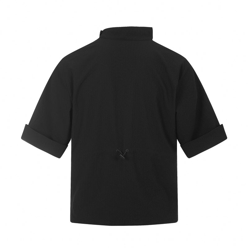 Black stand-collar cotton shirt with rolled short sleeves and asymmetrical back tie detail, minimalist streetwear style