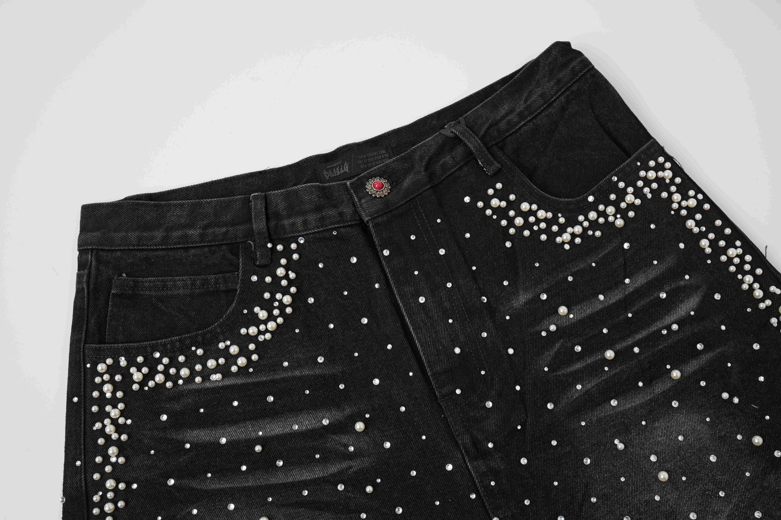 Omirad Pearl Studded Black Denim Shorts | Streetwear