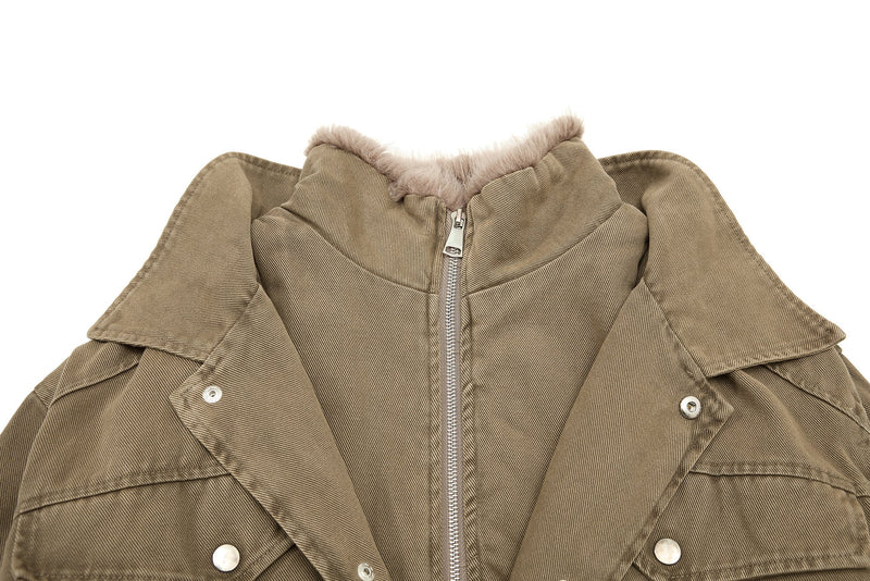 Omirad Layered Utility Bomber Jacket with Faux Fur Collar
