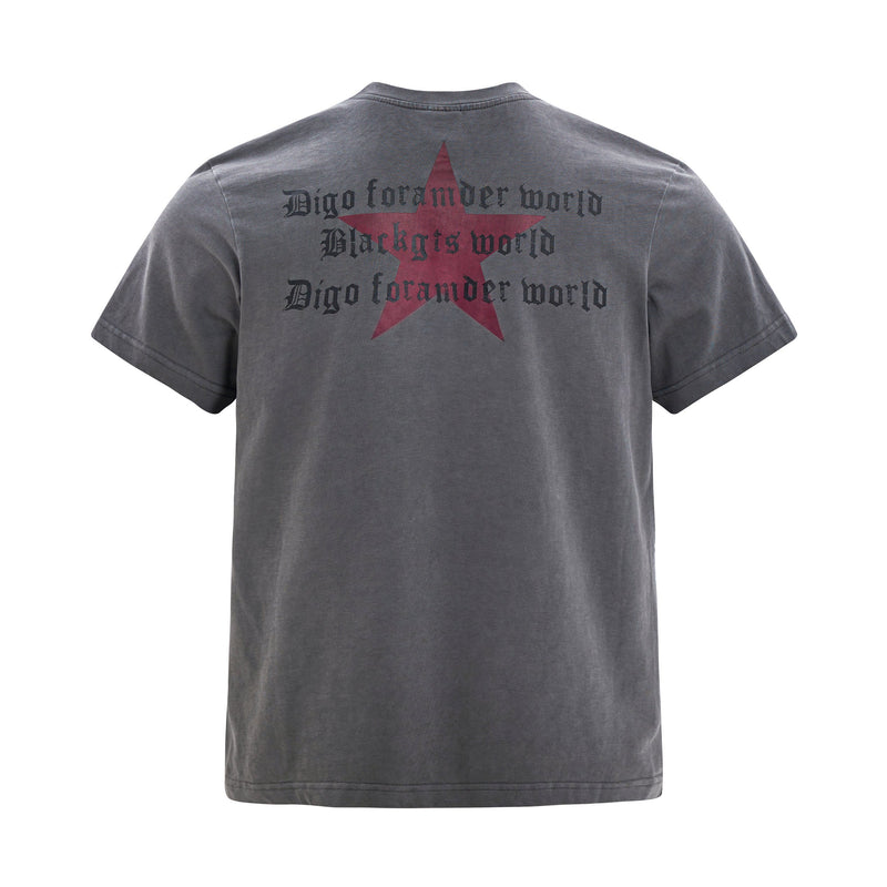 Gray streetwear cotton tee with a red star back graphic and gothic black text, shown from the back on a white background