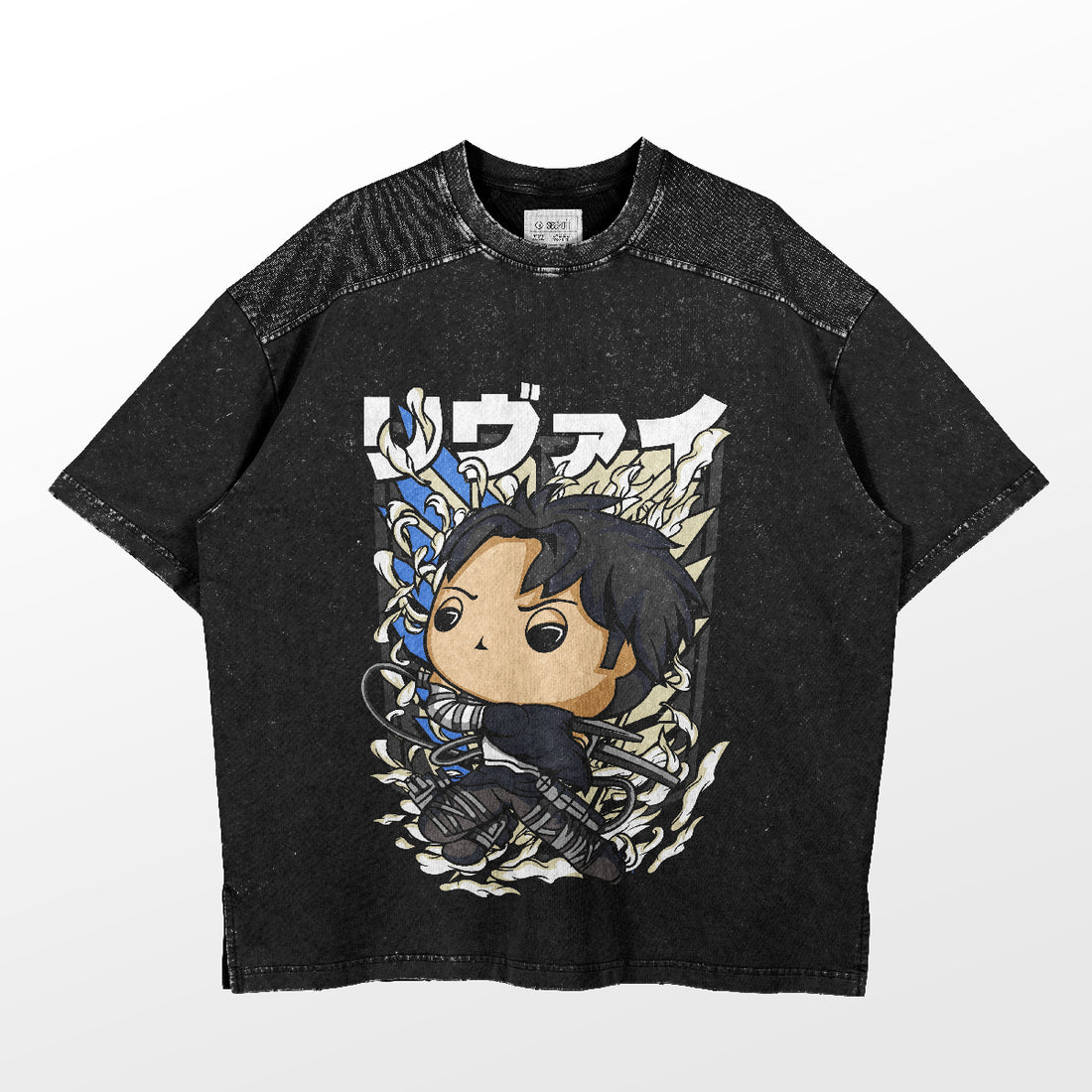 The Chibi Levi Ackerman Attack on Titan T-Shirt features a kawaii anime style with Levi in an action pose, dark hair, sword, and Japanese text above him against a light gradient backdrop.