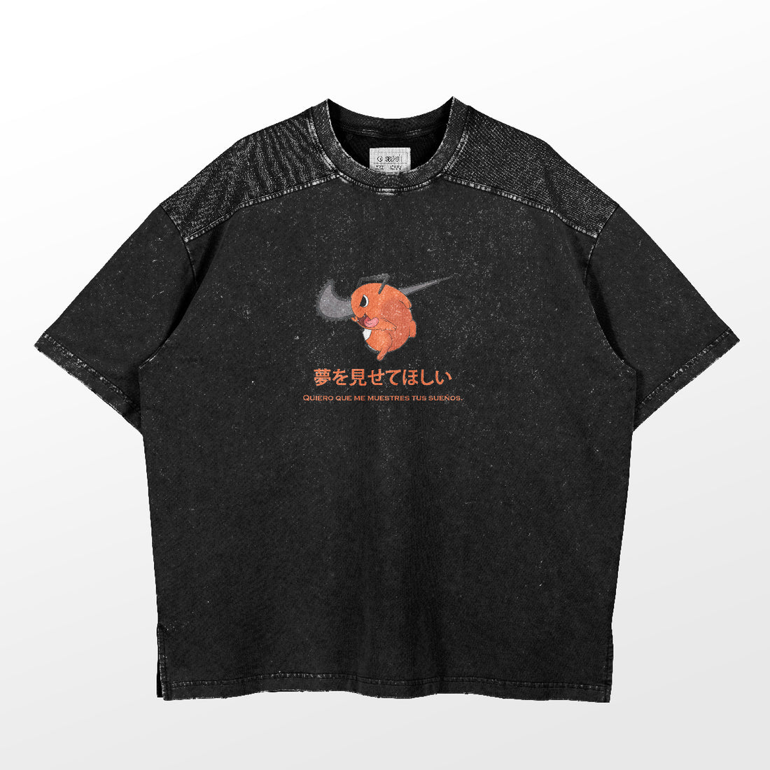 The Chainsaw Man Pochita "Show Me Your Dreams" T-Shirt by Chainsaw Man is a black tee with a faded look, featuring a cute Pochita design and text in Japanese and English. Perfect for anime fans, especially those who love Chainsaw Man. Ideal as an addition to your Pochita collection.