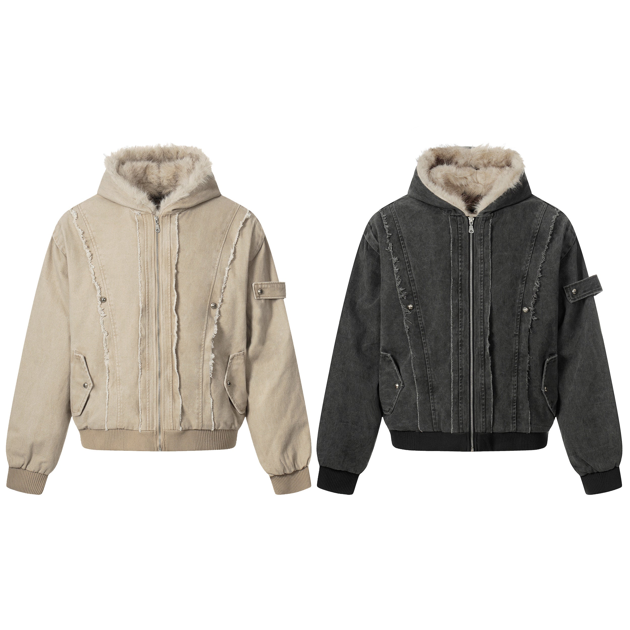 Sand beige washed denim hooded bomber jacket with faux shearling lining, frayed seam detailing, and ribbed cuffs