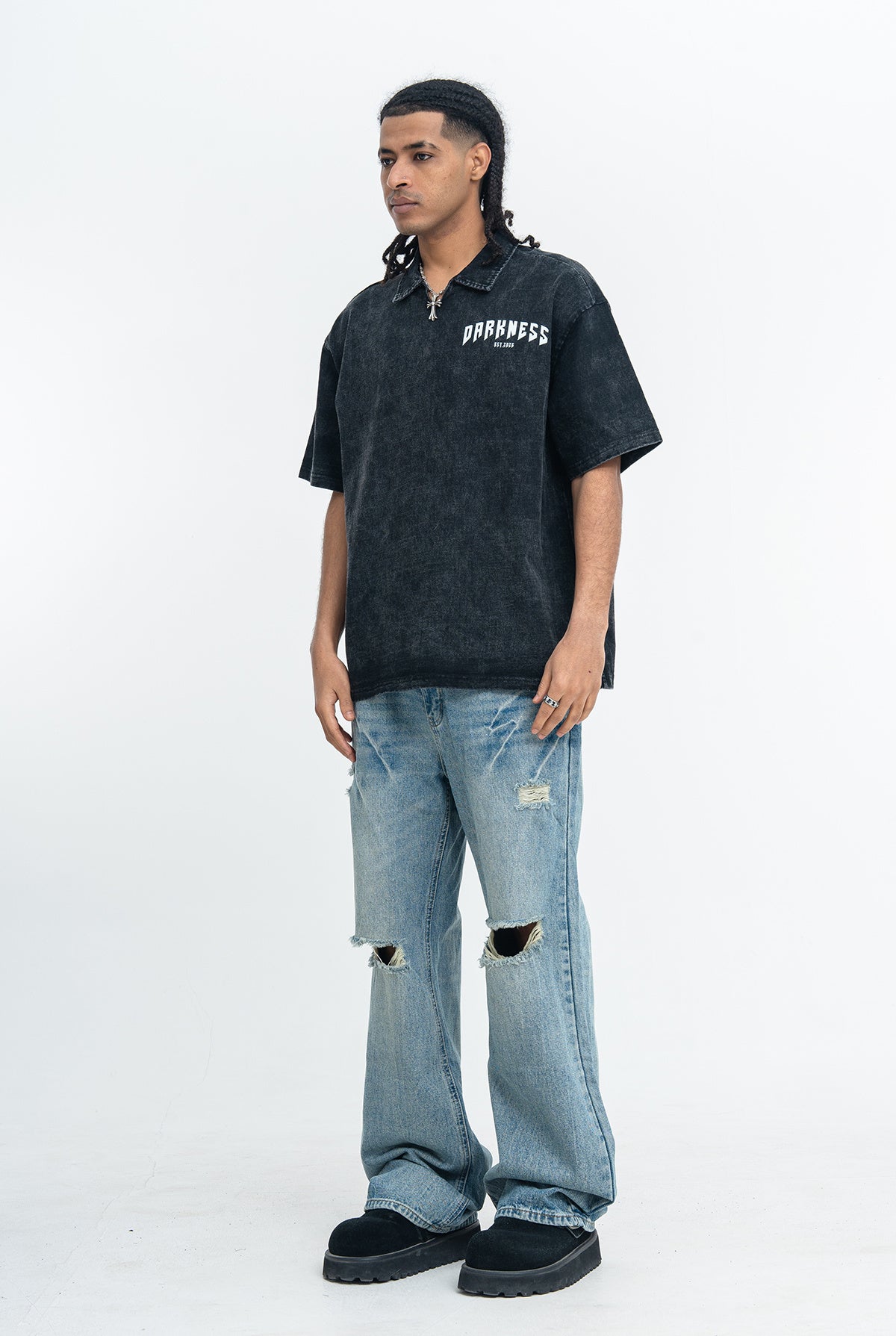 Omirad Darkness Spine Skeleton Graphic Washed Polo Shirt