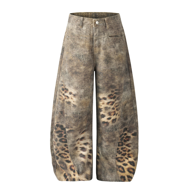 Front view of wide-leg jeans with leopard wash denim and high waist