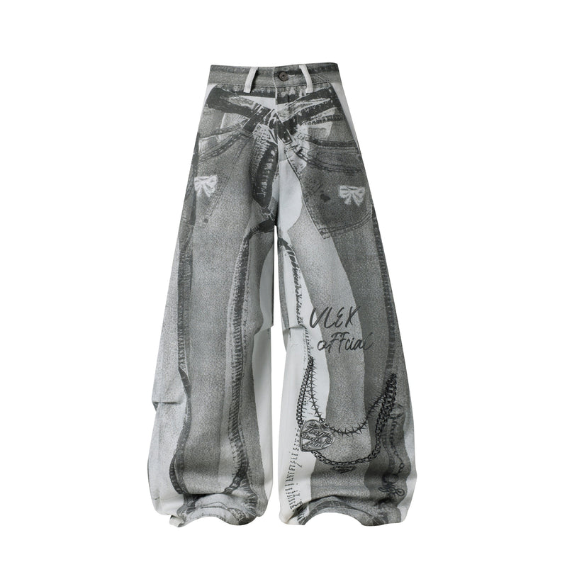 Gray wide-leg pants with abstract collage print, front view