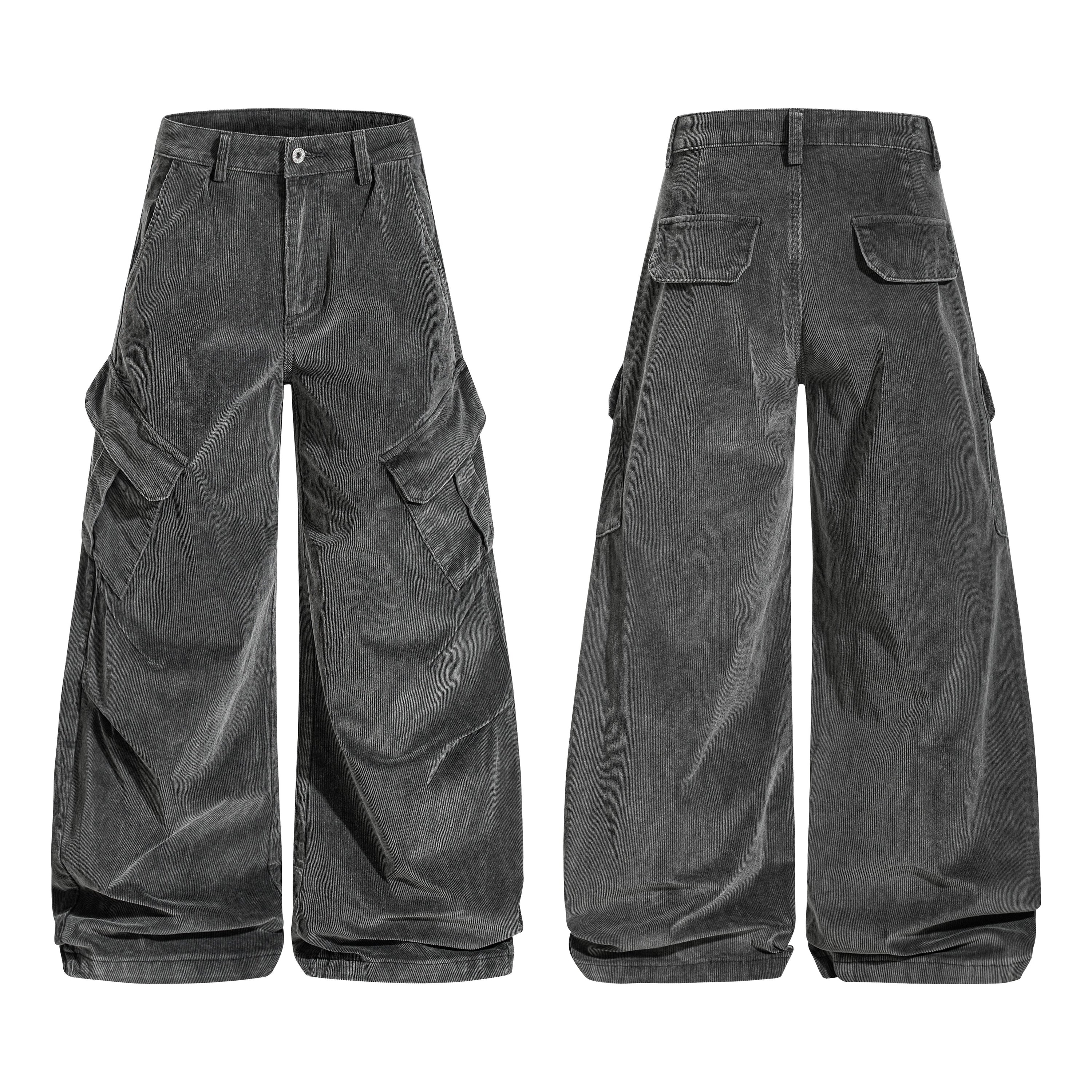 Grey washed corduroy cargo barrel pants with oversized side pockets and wide-leg silhouette, front and back view
