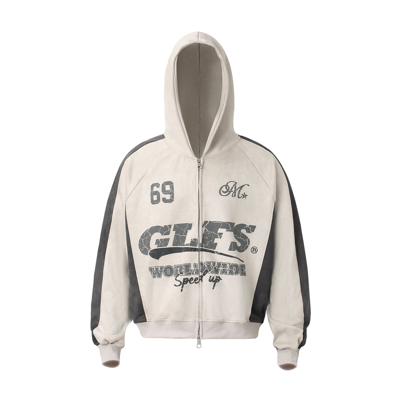 Beige zip hoodie with black sleeve panels and cracked GLFS front graphic, front view