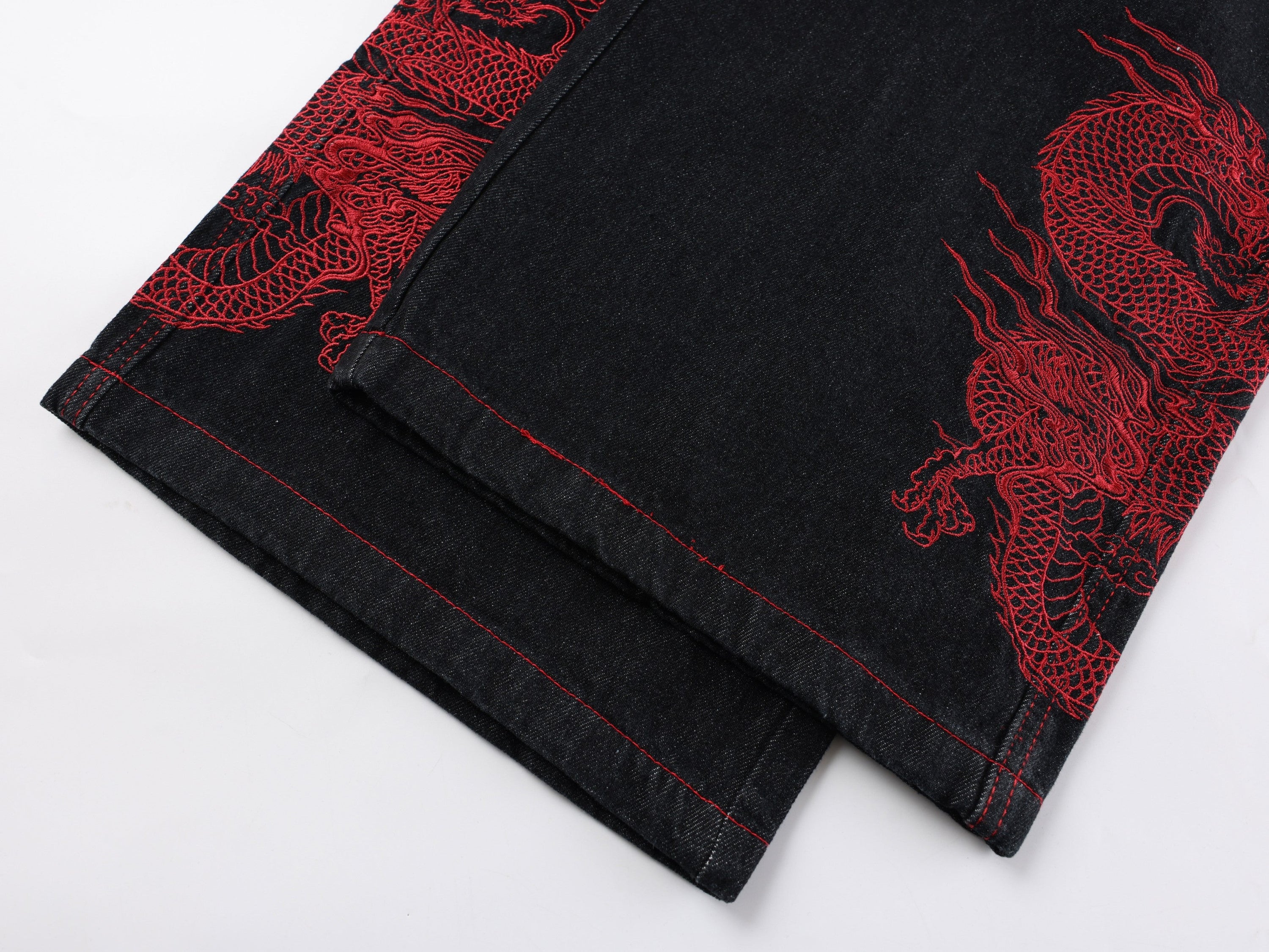 Dragon Embroidered Wide-Leg Black Denim Pants | Omirad