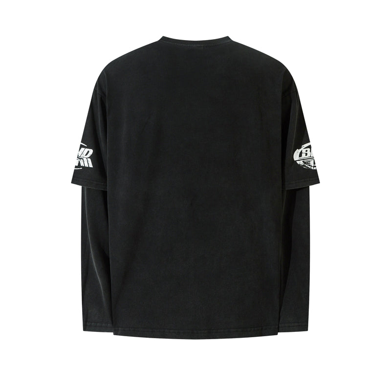 Back view of black layered long sleeve tee with plain back and printed sleeves