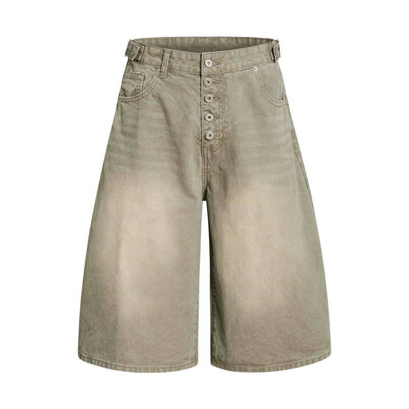 Olive green wide-leg denim shorts with button fly and front pockets