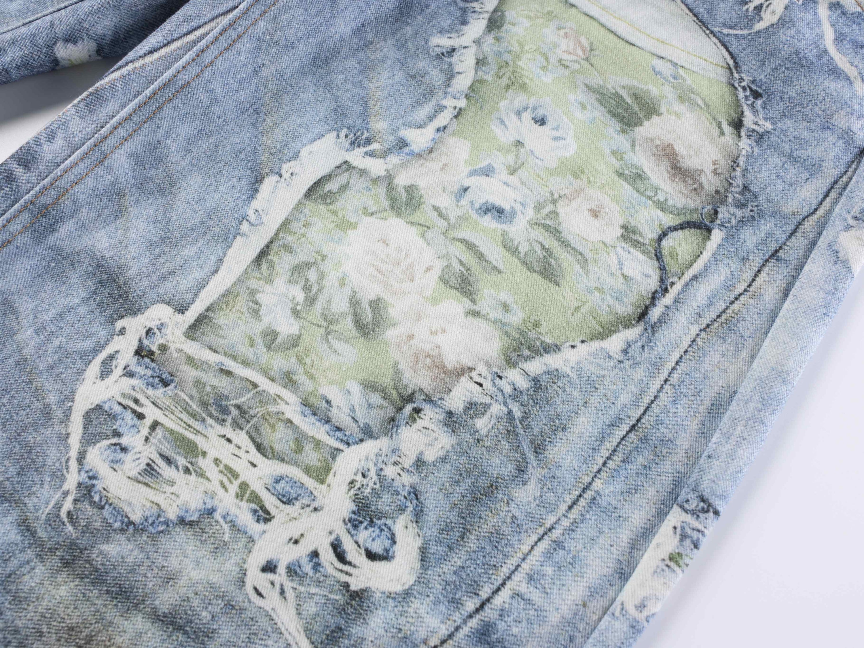 Floral Patchwork Distressed Wide-Leg Jeans | Omirad