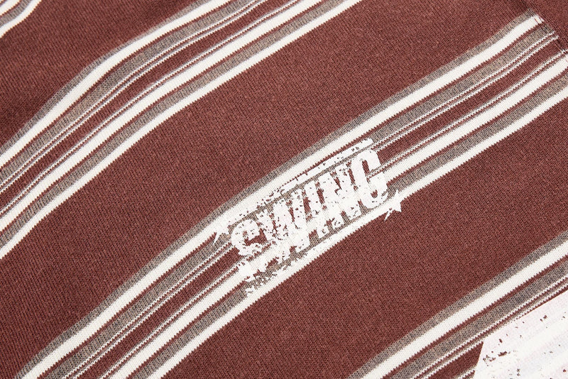 Brown vintage striped rugby polo shirt with distressed white graphic print and retro 90s styling