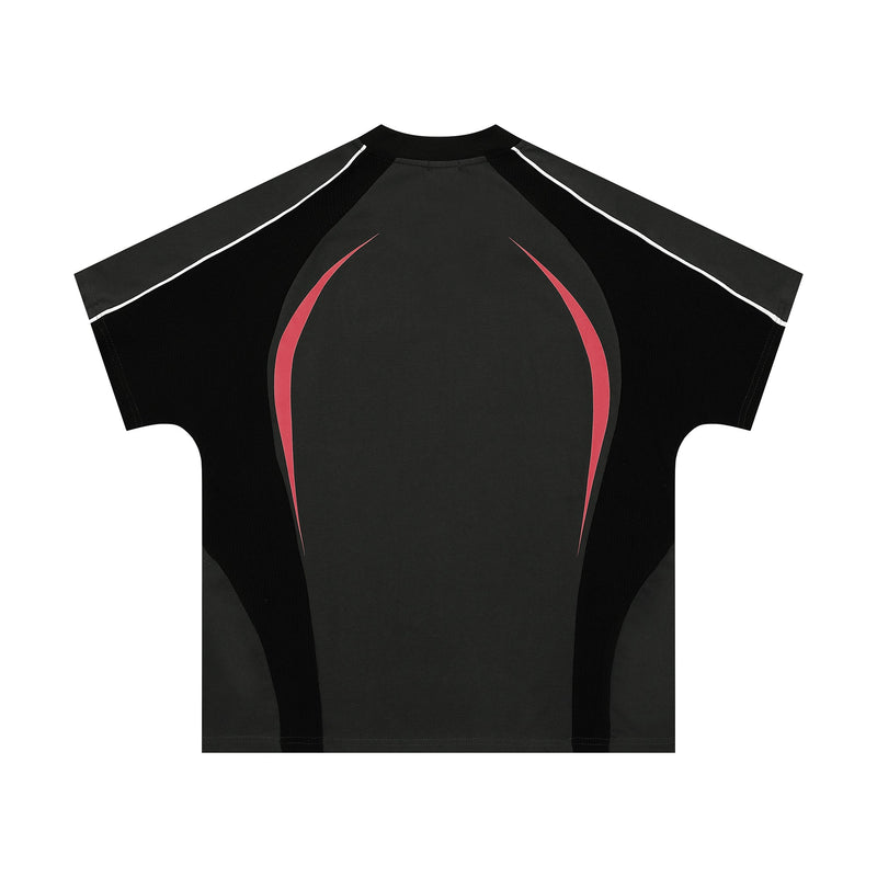 Black athletic tee with red curved side panels, white shoulder piping, and a sporty V-neck design