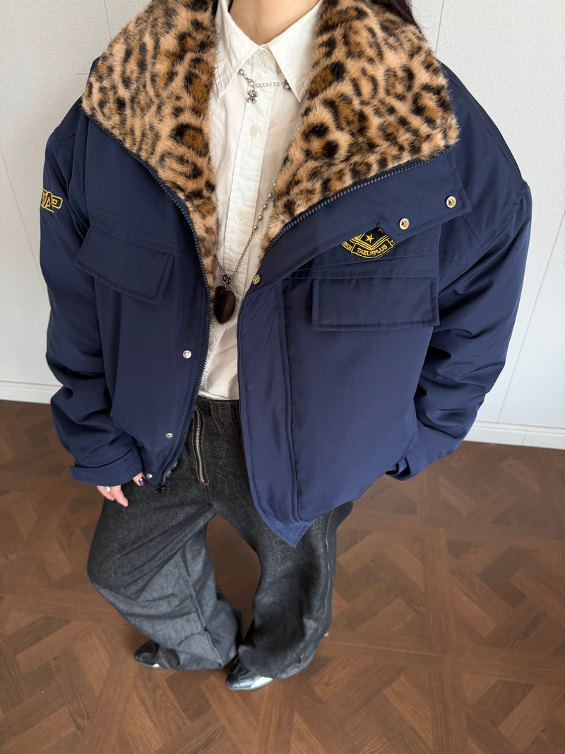 Leopard-Lined Military Bomber Jacket | Streetwear Winter Coat