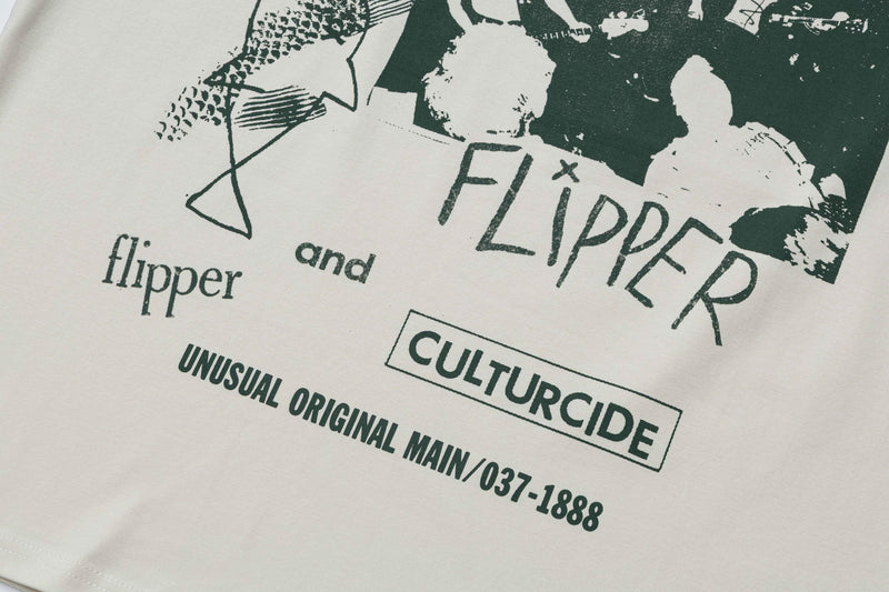 Vintage punk band collage tee with Flipper graphic and bold streetwear text print in dark green on white fabric