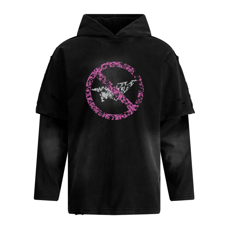 Black layered hoodie tee with pink distressed circle graphic on the front