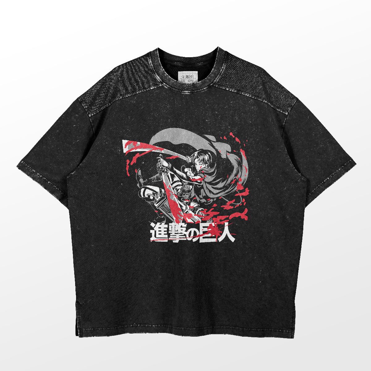 The Levi Ackerman T-Shirt by Attack on Titan features a striking image of Levi with a sword, accented by Japanese text. Made from textured fabric, its casual fit makes it perfect for anime conventions and fans of Attack on Titan.