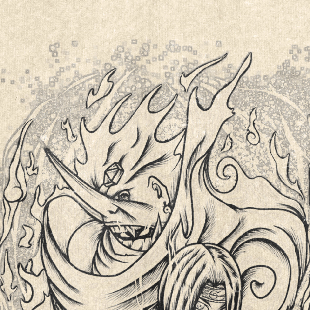 The scene shows a large, fierce creature with sharp teeth emitting flames. A long-haired figure, partly obscured by the creature, wears a Naruto Itachi Uchiha Mangekyou Sharingan washed vintage T-shirt. The background is filled with abstract patterns inspired by the Naruto series.