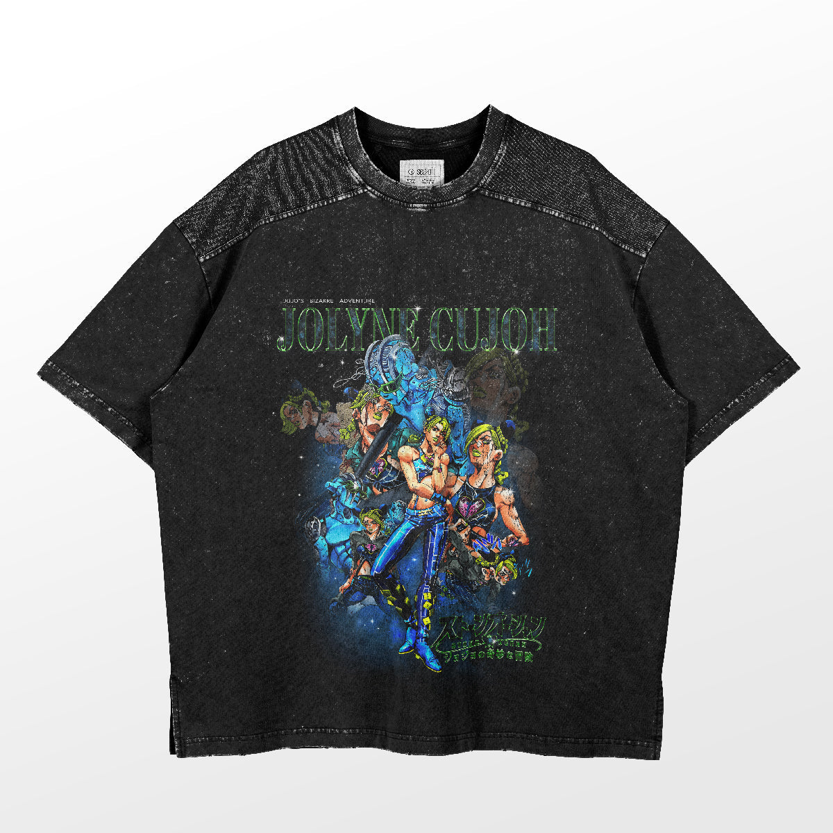 The JoJo's Bizarre Adventure Shirt by JoJo's Bizarre Adventure is a black cotton T-shirt featuring a vintage-style graphic of an anime character with pink hair, green lipstick, and a blue outfit. The design reads "JOLYNE CUJOH," making it ideal for casual wear.