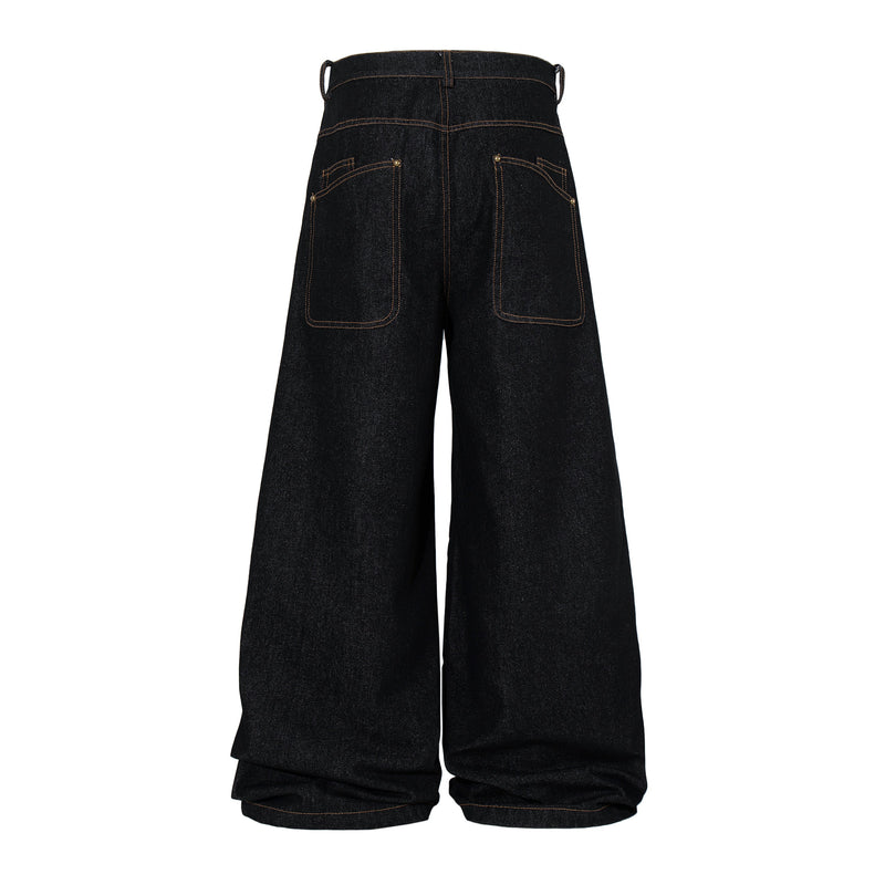 Back view of black wide leg denim pants with curved yoke seams and patch pockets