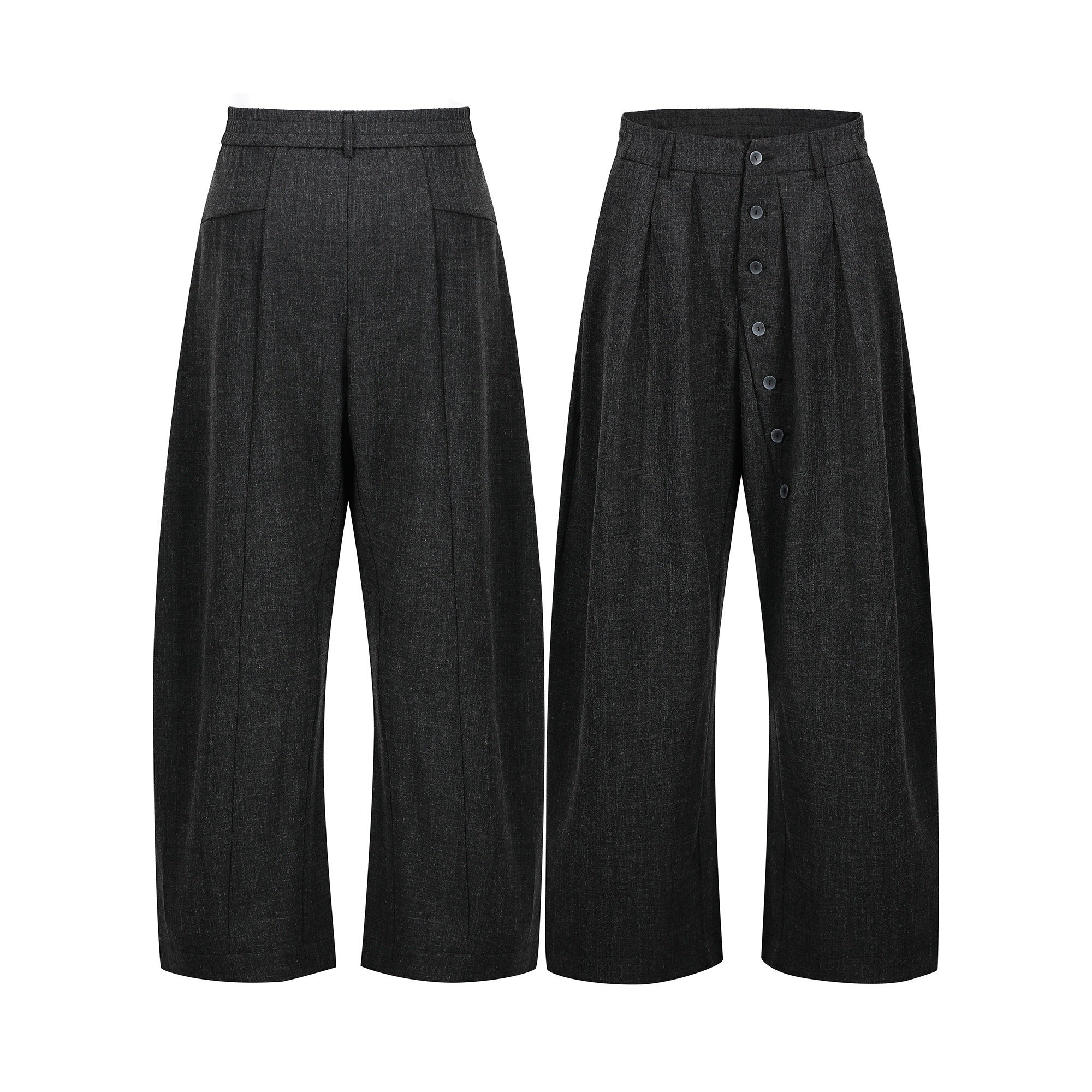 Dark charcoal wide-leg pleated pants with asymmetric button front closure, shown front and back view on white background