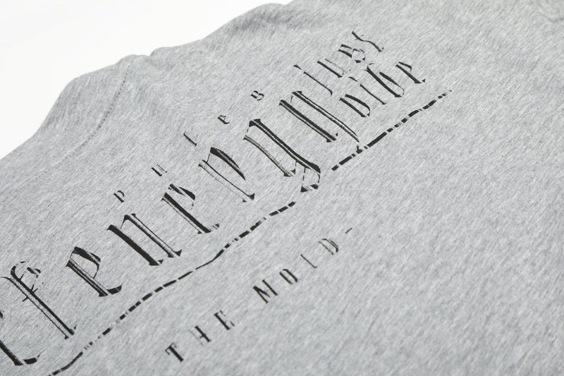 Gray tee back close-up showing printed text across the shoulders