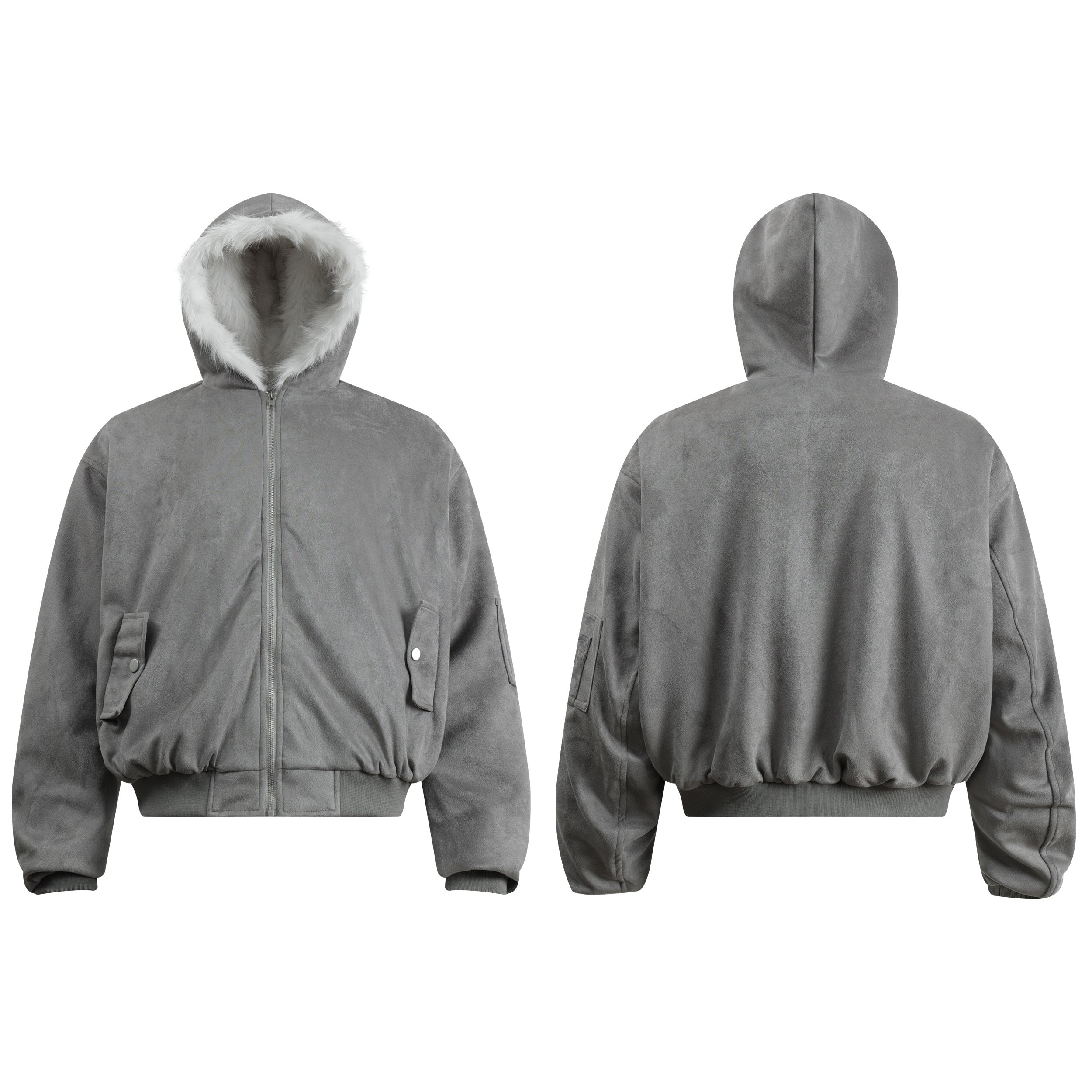 Grey suede-texture hoodie bomber jacket with white faux-fur lined hood, shown front and back on white background