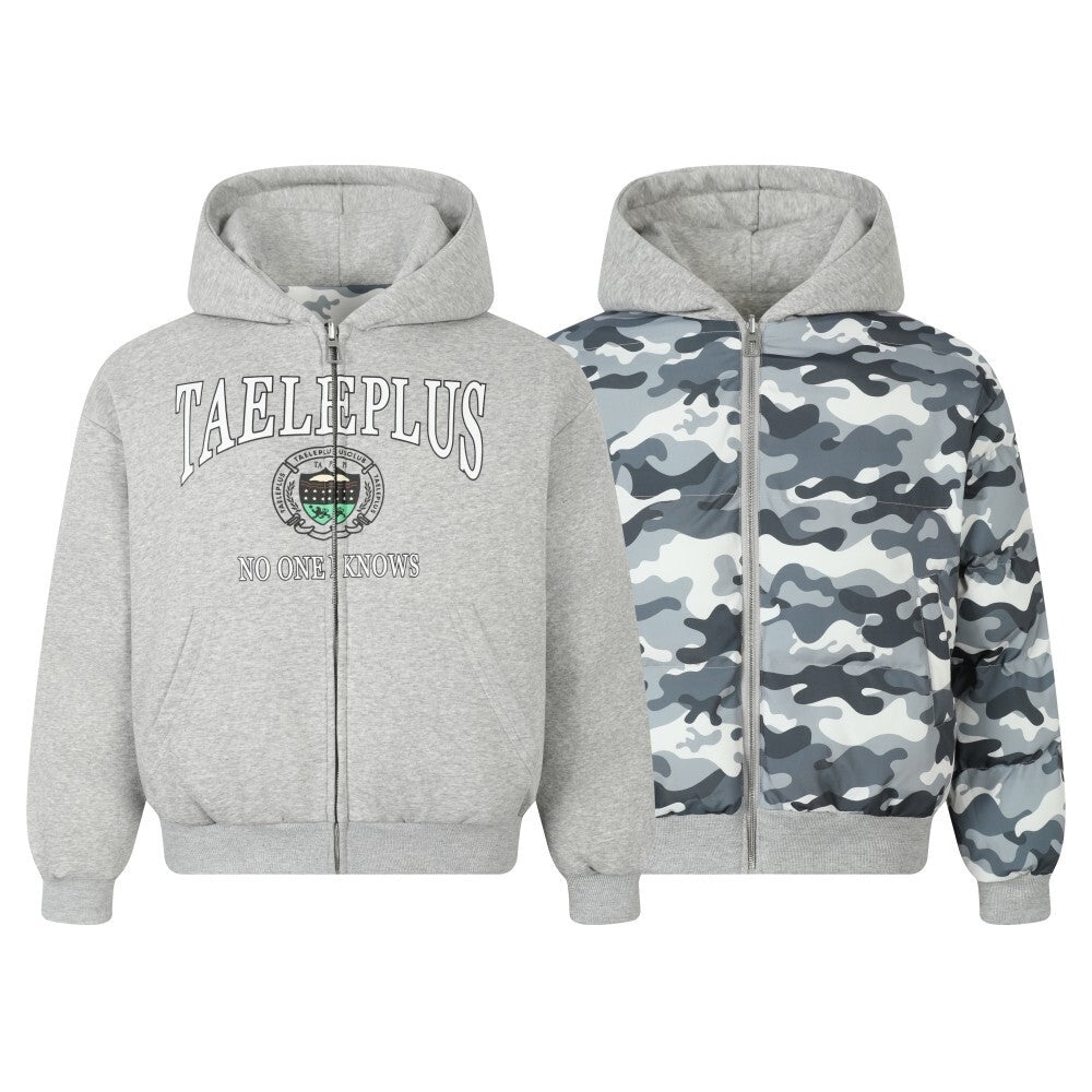 Reversible Camo Varsity Hoodie Jacket | TAELEPLUS Logo