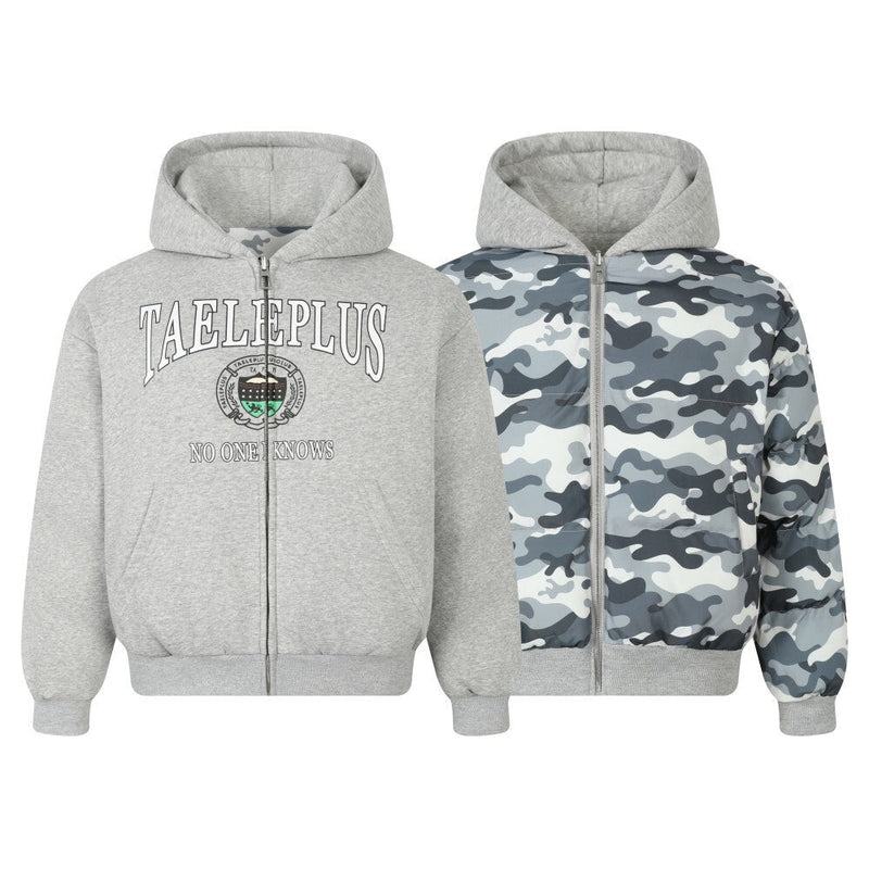 Reversible Camo Varsity Hoodie Jacket | TAELEPLUS Logo