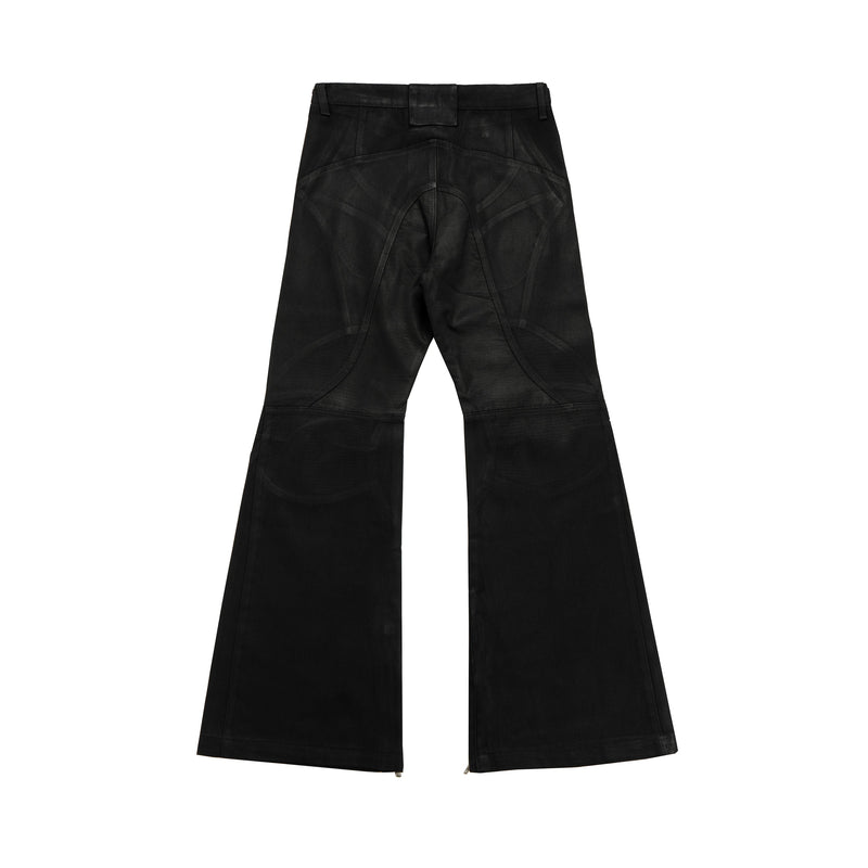 Black panelled wide-leg jeans shown flat lay with front waistband and flared legs
